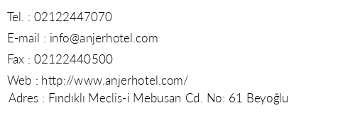 Anjer Hotel Bosphorus telefon numaralar, faks, e-mail, posta adresi ve iletiim bilgileri